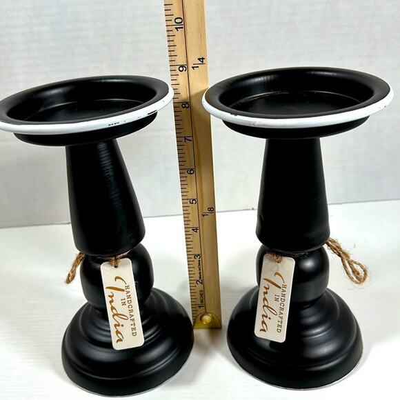 Candle Holders Set Of 2  Black Handcrafted Galvanized White Trim Home Décor‎ - Picture 2 of 5